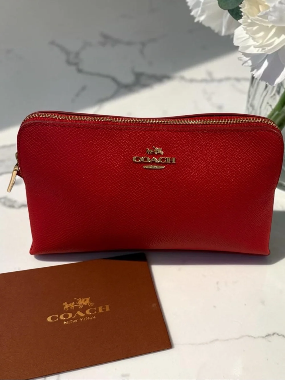 Coach Red Saffiano Leather Cosmetic Bag with Gold Logo and  Branded Dust Bag